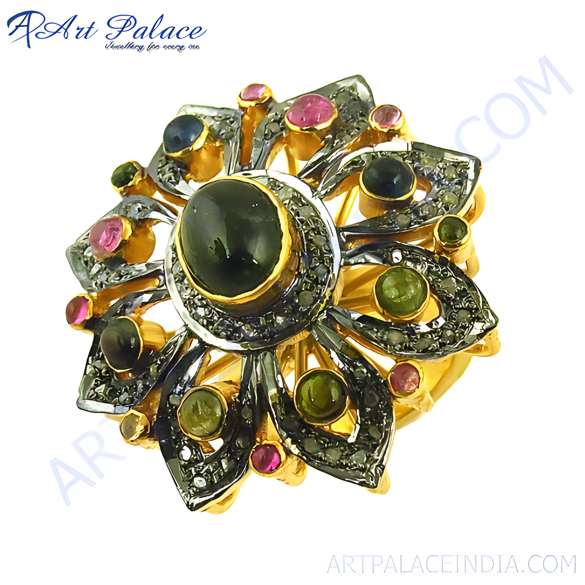 Gold plating tone floral ring with a dark green gemstone center and colorful surrounding stones