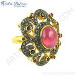 Load image into Gallery viewer, gold plating ruby and diamond cocktail ring, featuring a large pink ruby gemstone and surrounding diamonds.

