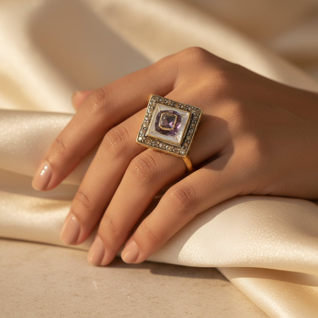 gold plating Ring with Diamond-like Stones | Square Gemstone Ring