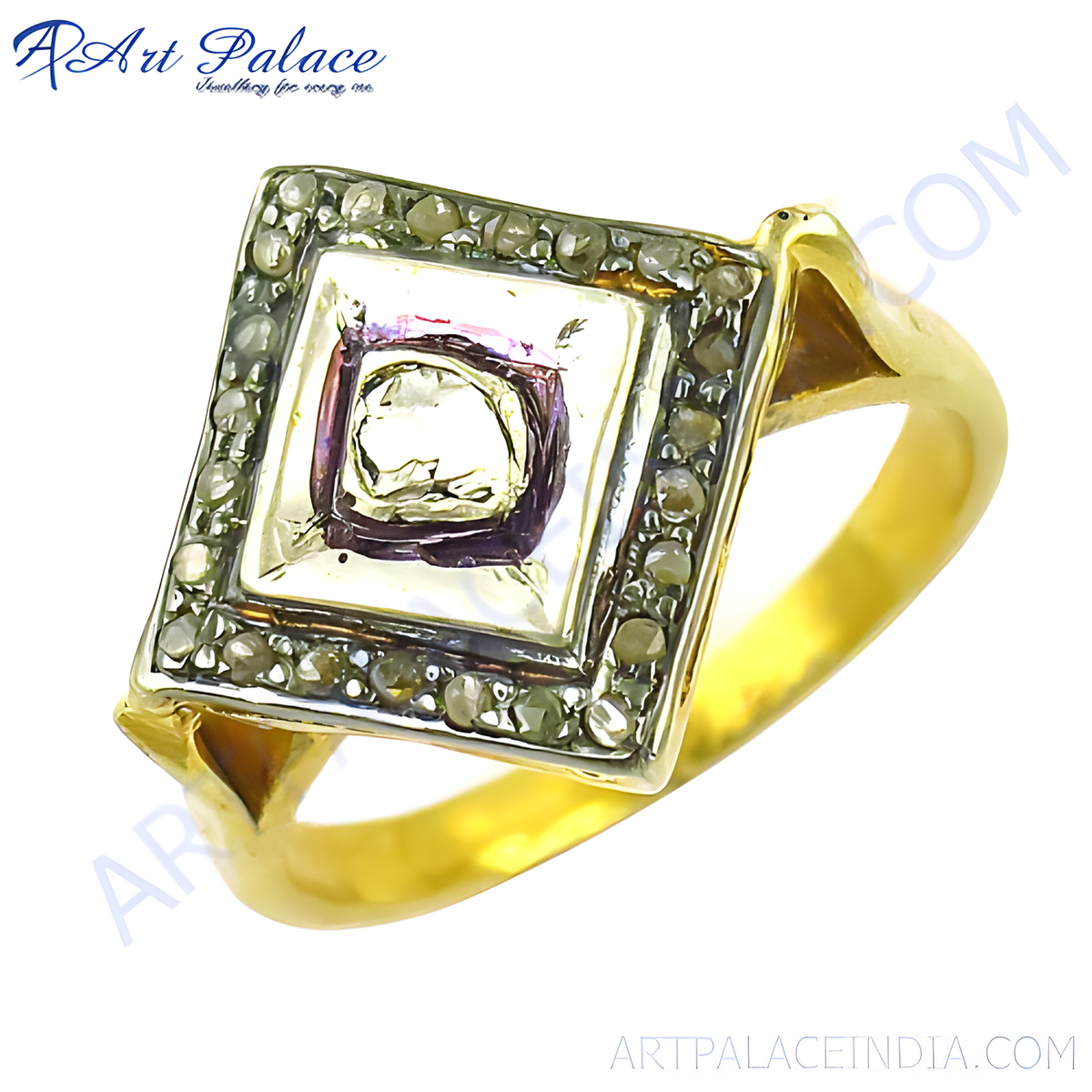 Gold plating ring with a square gemstone design featuring diamond like stones; a striking jewelry piece