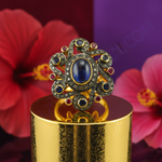 Load image into Gallery viewer, Sapphire &amp; Ruby Ring | Oxidized Gold Floral Design | For Women
