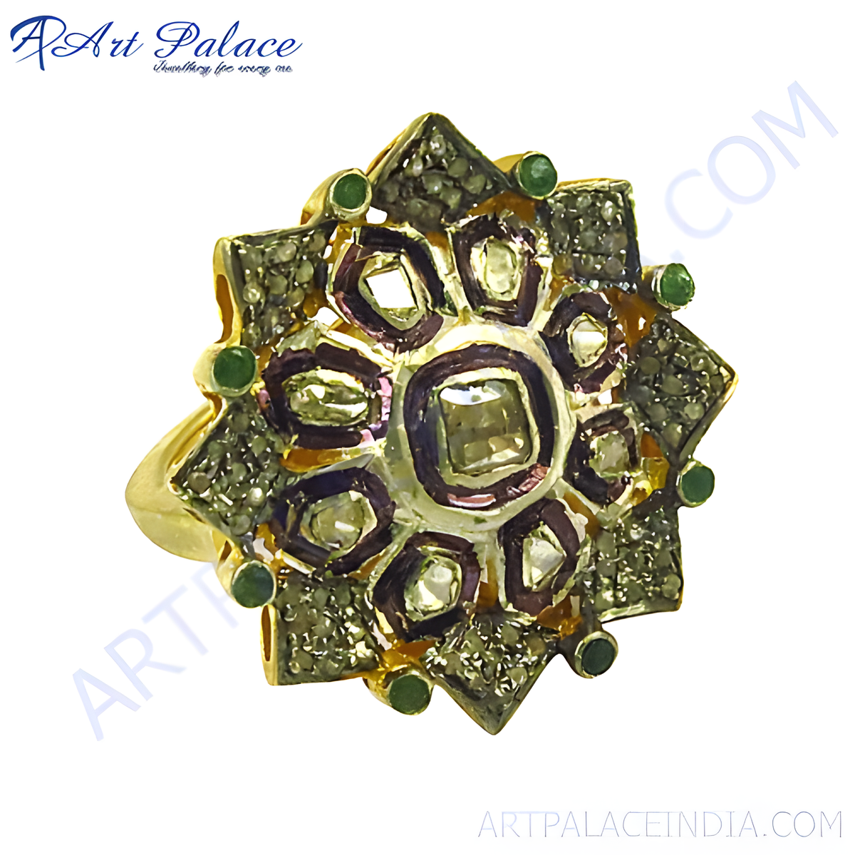 Gold plating cocktail ring with diamonds and emeralds, a luxury jewelry piece