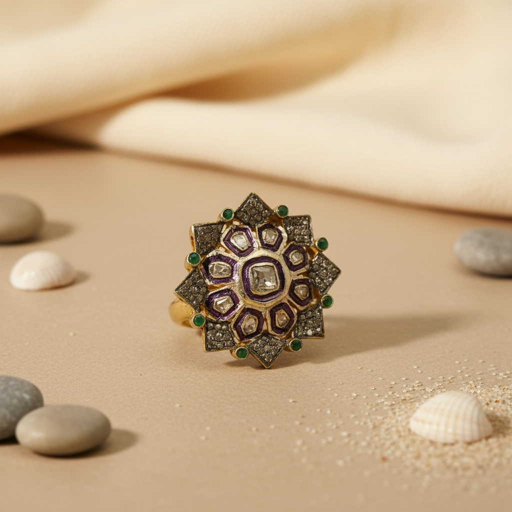 gold plating Diamond & Emerald Cocktail Ring | Women's Luxury Jewelry