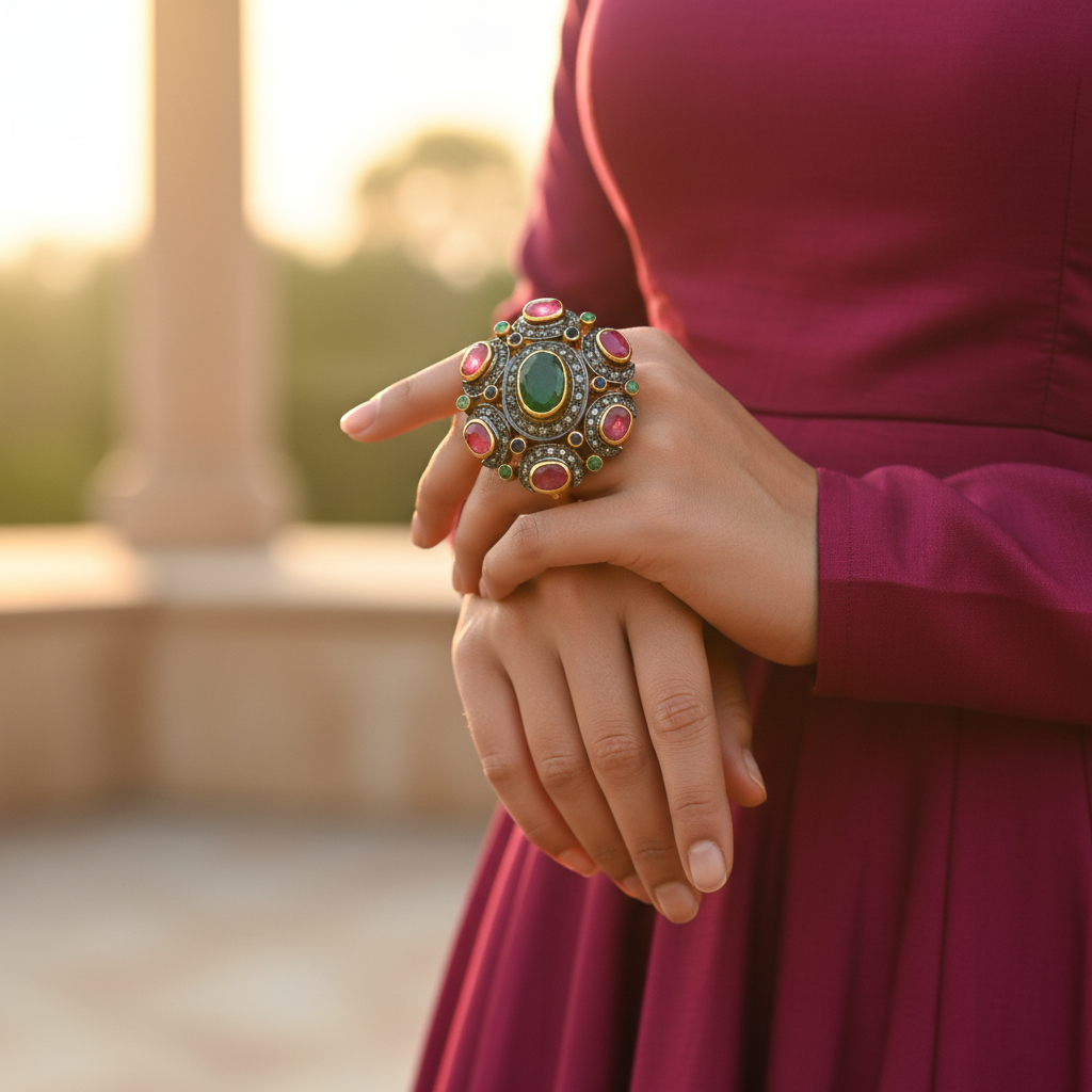 Ruby Emerald Diamond Ring - Gemstone Jewelry for Women