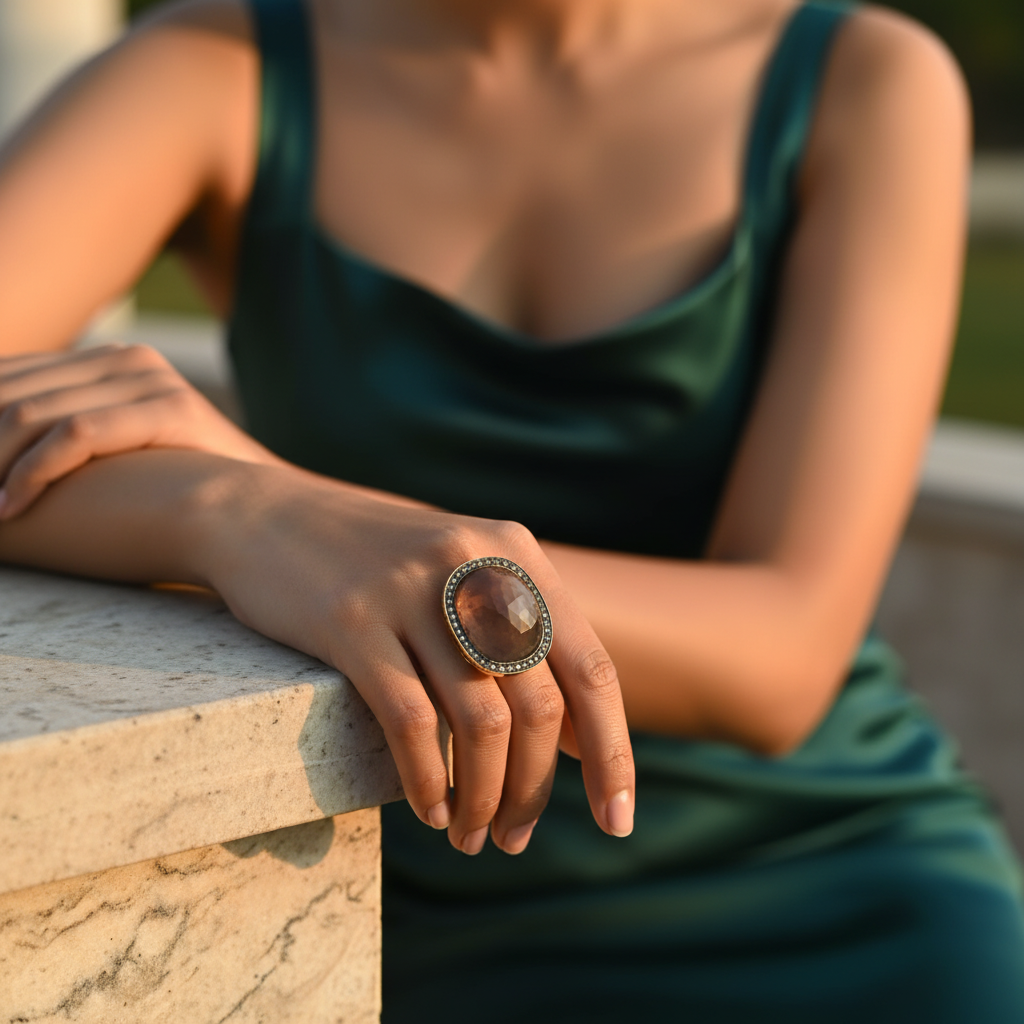 gold plating Ring with Brown Gemstone and Diamond Halo | Luxury Jewelry