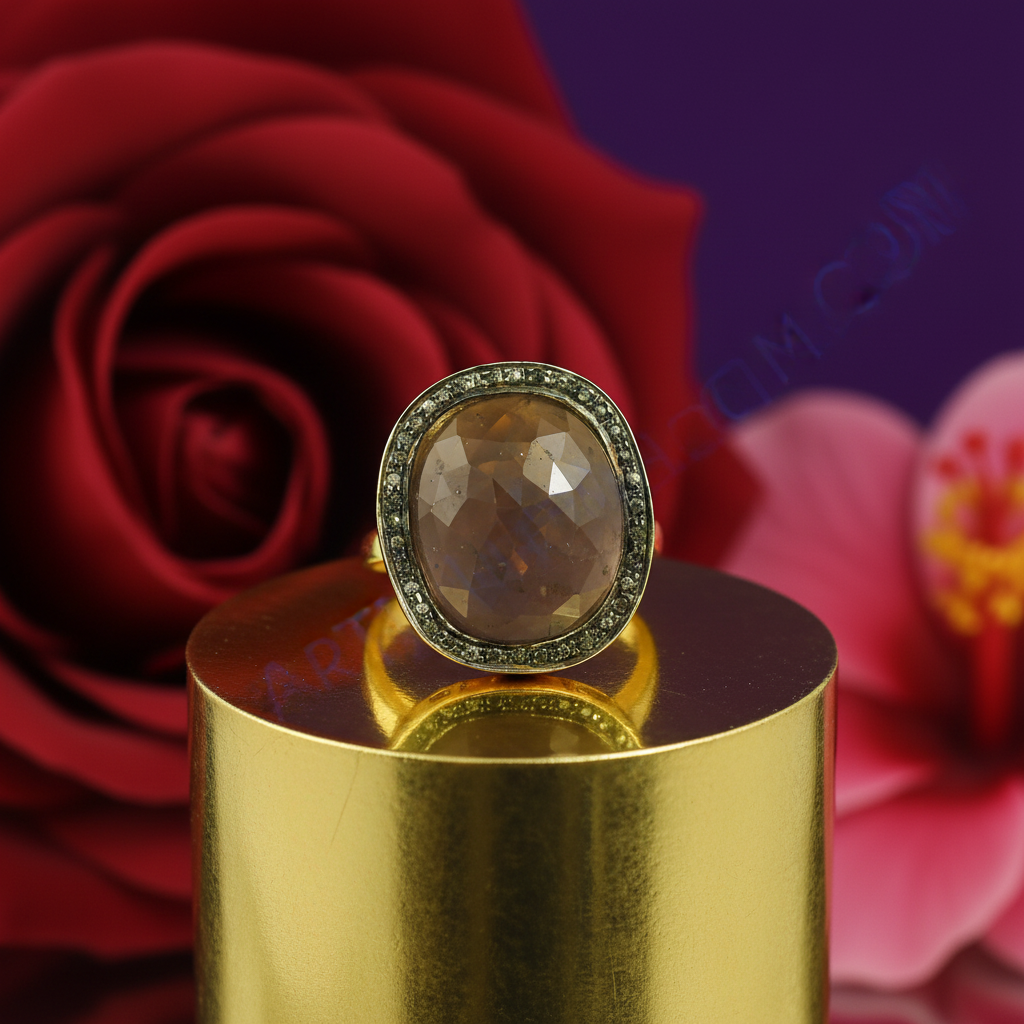 gold plating Ring with Brown Gemstone and Diamond Halo | Luxury Jewelry