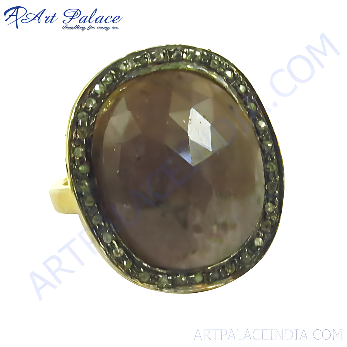 Gold plating cocktail ring with a large brown gemstone and diamond halo, showcasing a unique design