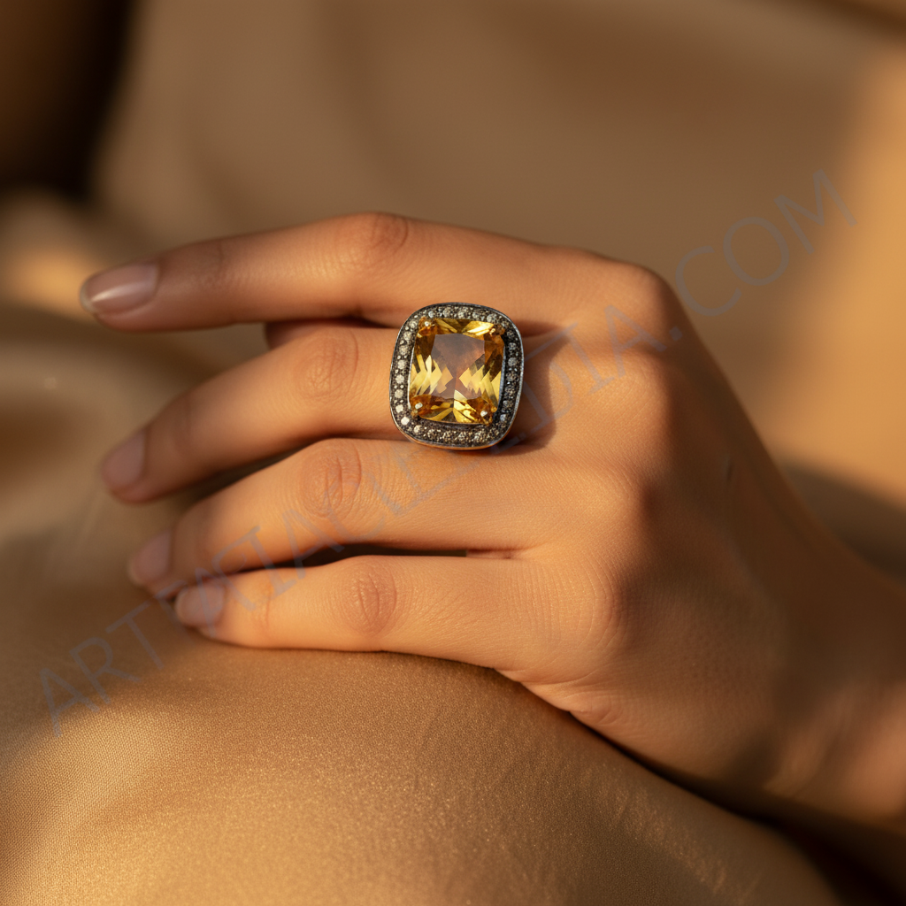 Yellow Stone Cocktail Ring | Gold Plated Silver Ring for Women