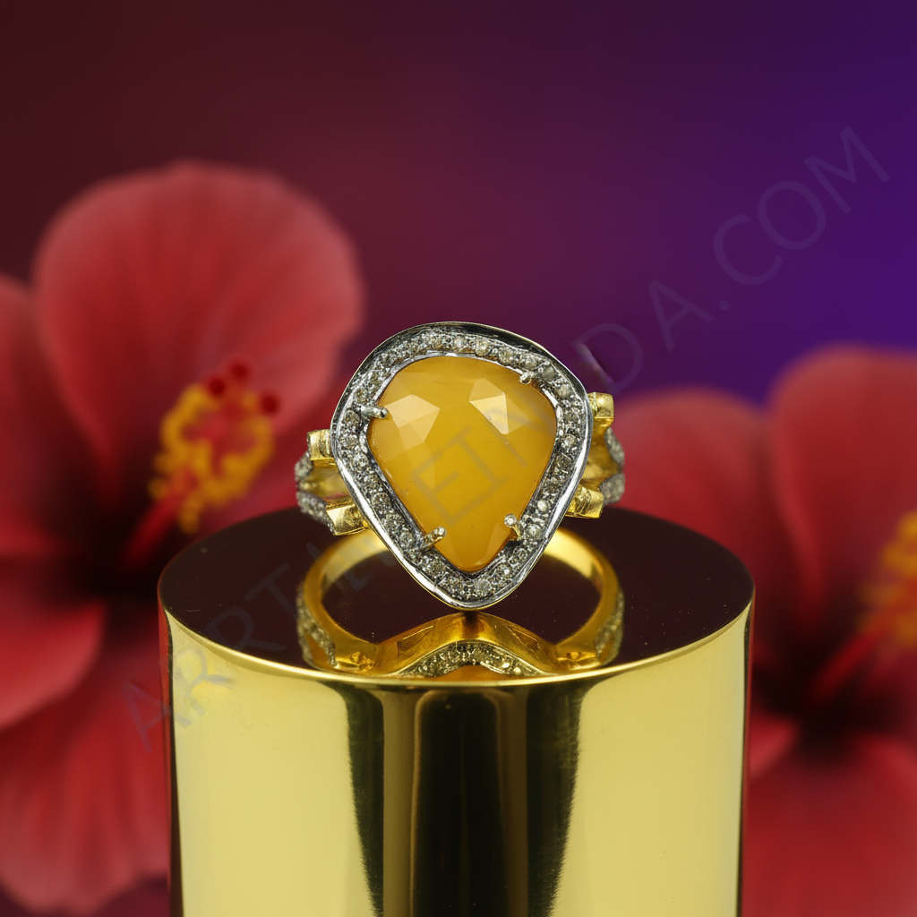 Gold ring with yellow gemstone & diamonds for women