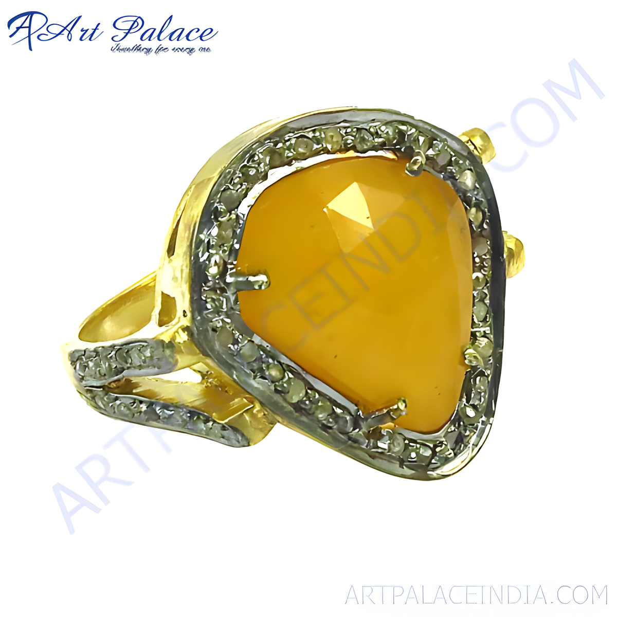 Gold ring with a yellow pear shaped gemstone and diamond accents, elegant women's jewelry