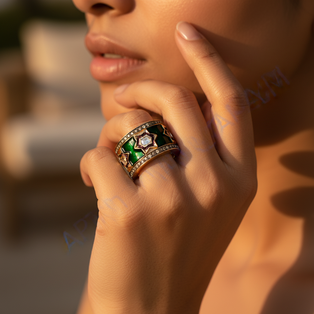 gold plating Emerald Enamel Diamond Ring | Unique Statement Jewelry