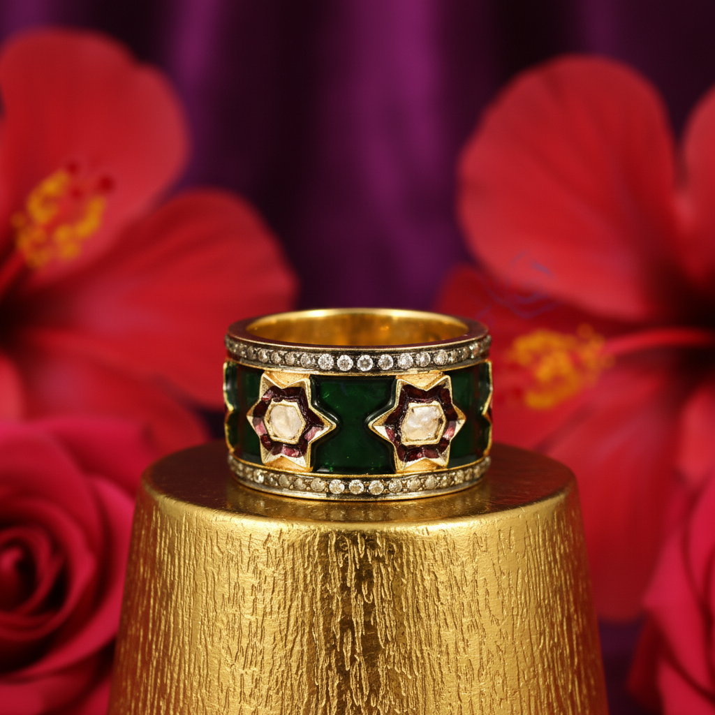 gold plating Emerald Enamel Diamond Ring | Unique Statement Jewelry