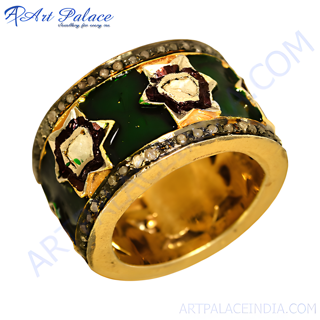 gold plating ring with emerald green enamel and diamond accents, a unique statement jewelry piece
