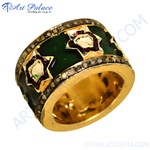Load image into Gallery viewer, gold plating ring with emerald green enamel and diamond accents, a unique statement jewelry piece
