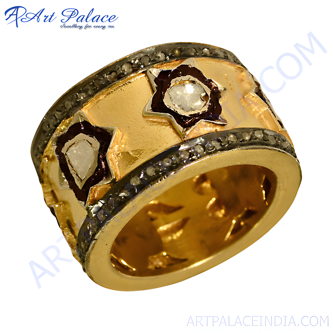 gold plating statement ring with diamonds and gemstones, gold plating band, and unique design.