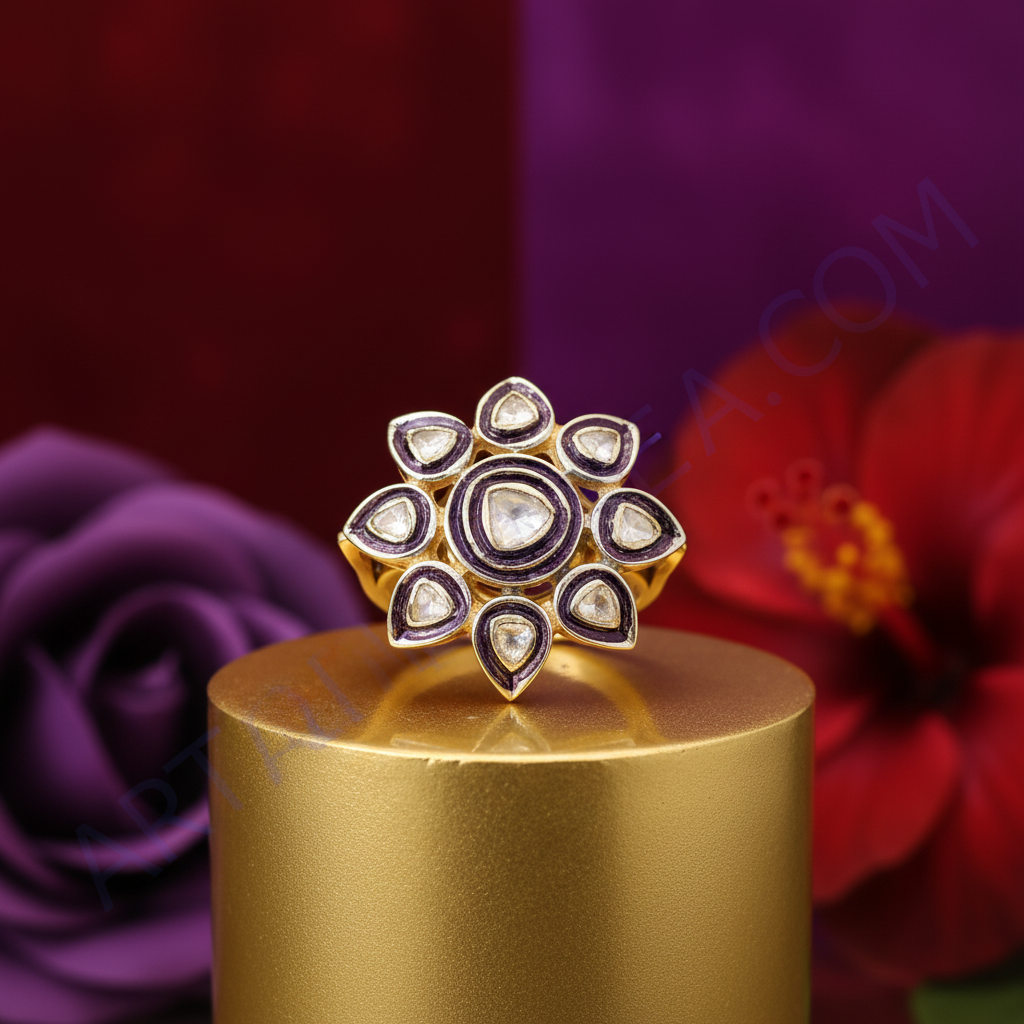 gold plating Ring with Diamond & Enamel | Flower Design | For Women