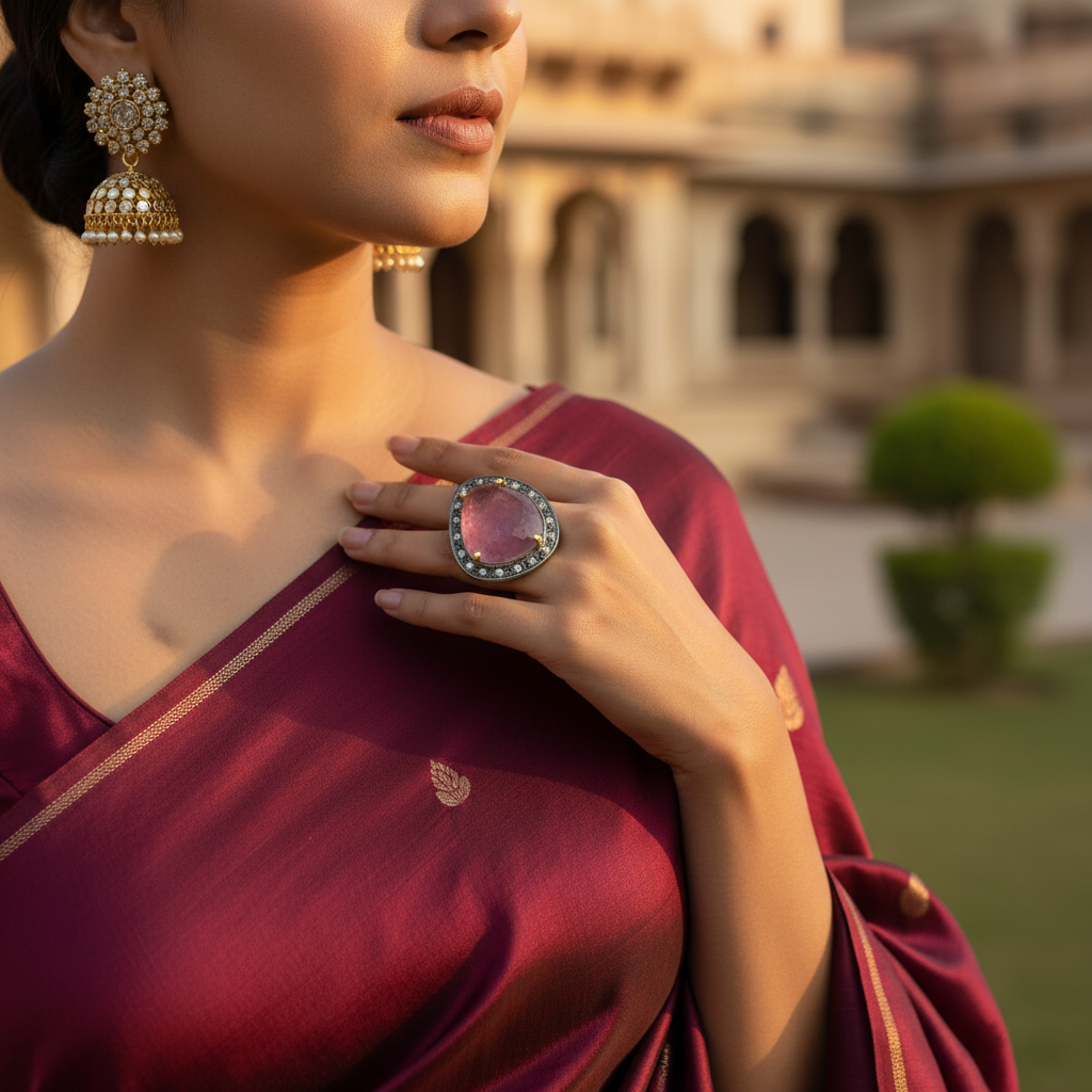 Pink Tourmaline & Diamond Ring | Silver Ring for Women