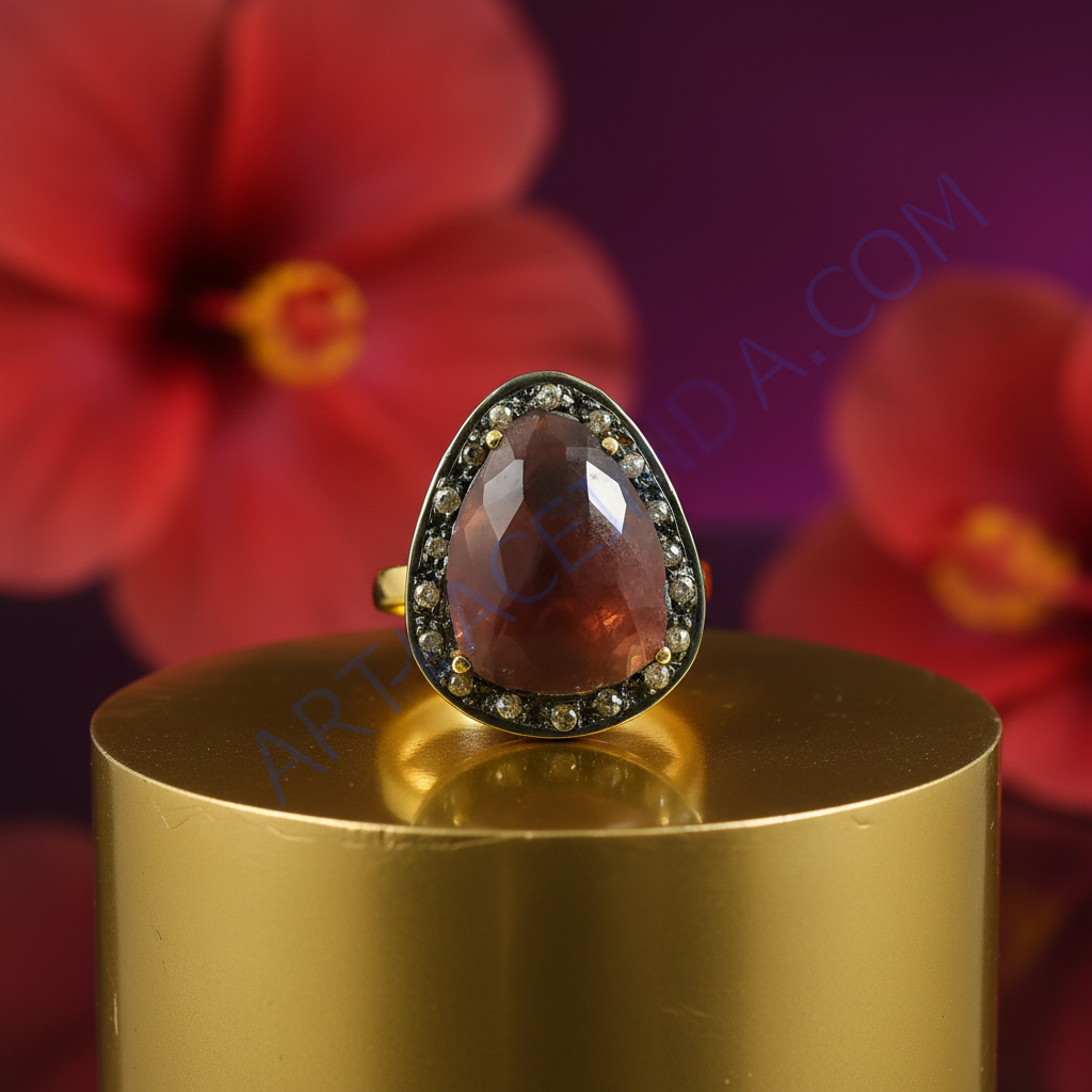 Gold plating ring with brown gemstone and diamond halo | luxury jewelry