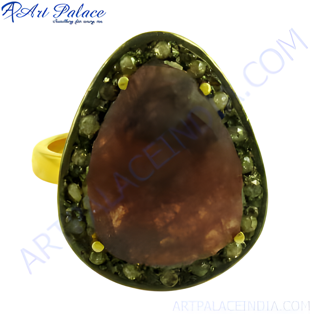 gold plating ring with a large brown gemstone center and a halo of small diamonds for women