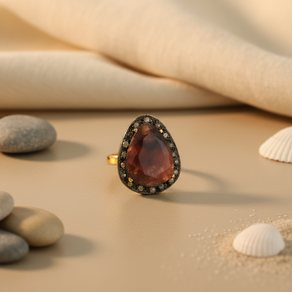 gold plating Ring with Brown Gemstone and Diamond Halo | Luxury Jewelry