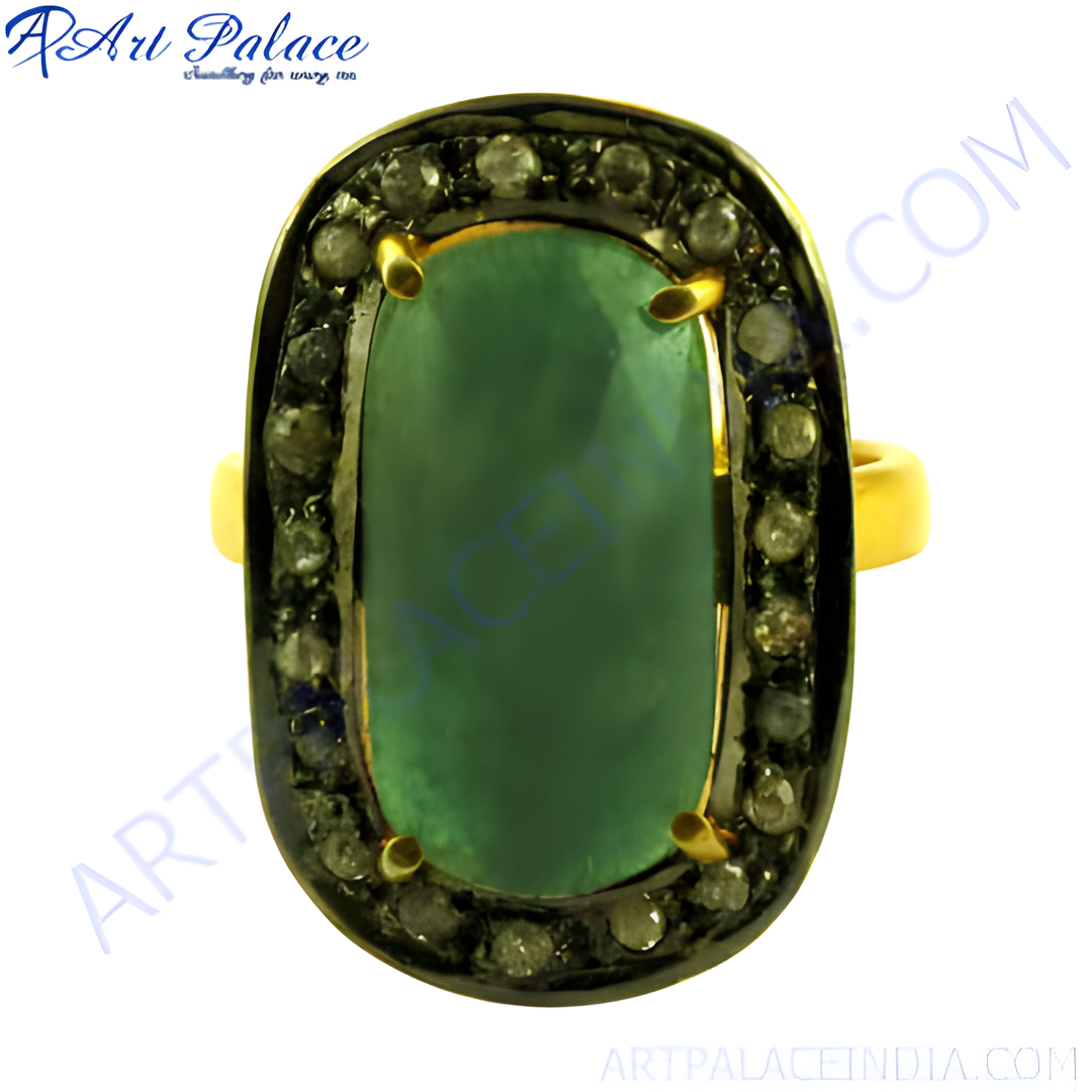 gold plating finish ring featuring a large emerald gemstone surrounded by diamonds, a stunning piece of women's jewelry.