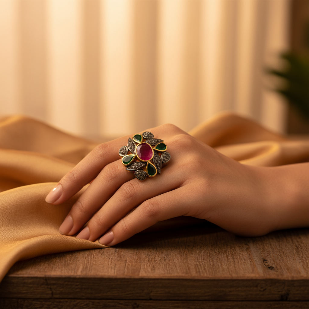 gold plating Ruby & Emerald Ring | Cocktail Ring for Women