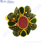 Load image into Gallery viewer, gold plating cocktail ring with a central ruby surrounded by emeralds and diamonds.
