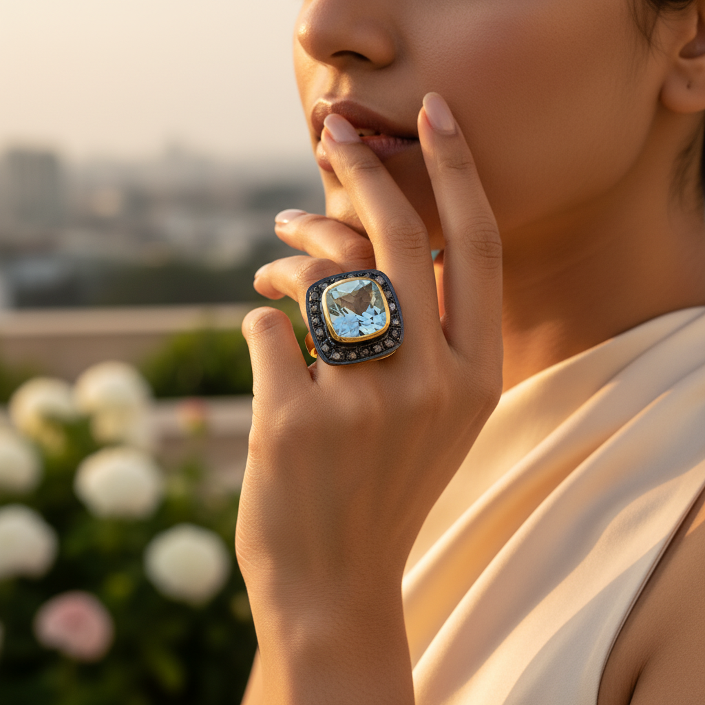 gold plating Ring with Blue Topaz and Diamond Accent | Women's Jewelry