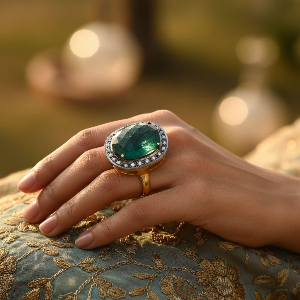女士金戒指，镶嵌祖母绿宝石和钻石光环。
