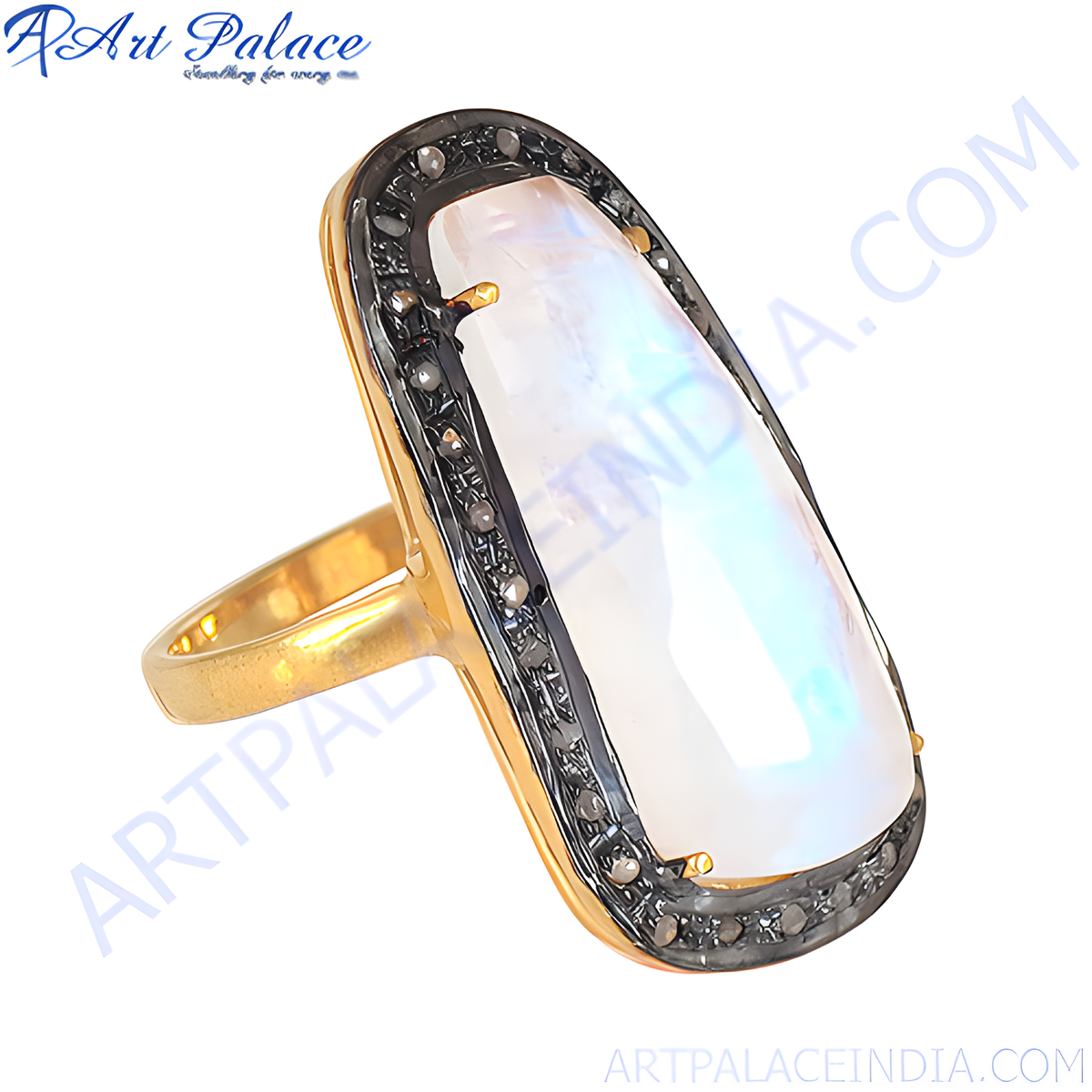 Gold plated moonstone cocktail ring with black diamond accents, rectangular gemstone, elegant jewelry
