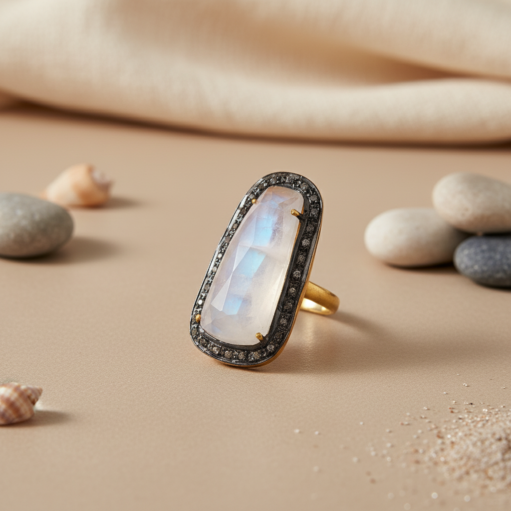Moonstone Cocktail Ring with Diamond Accents | gold plating Plated Ring