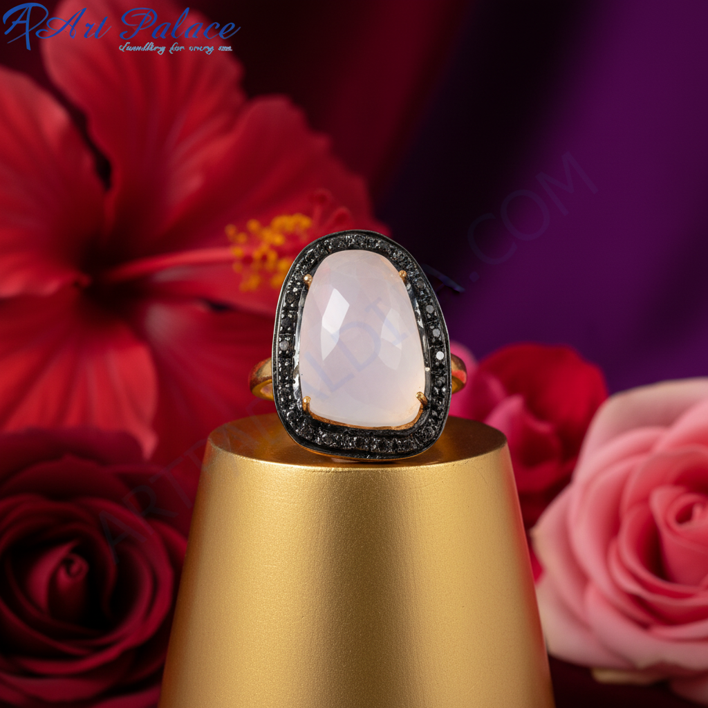 Gold plating ring with white gemstone and black stone accents for women