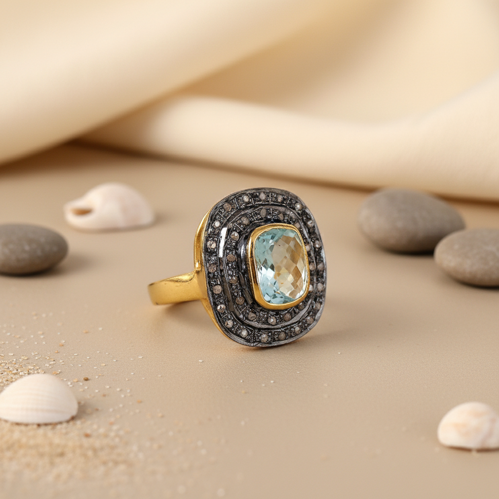 gold plating Ring with Blue Topaz Gemstone | For Women | Daily Wear