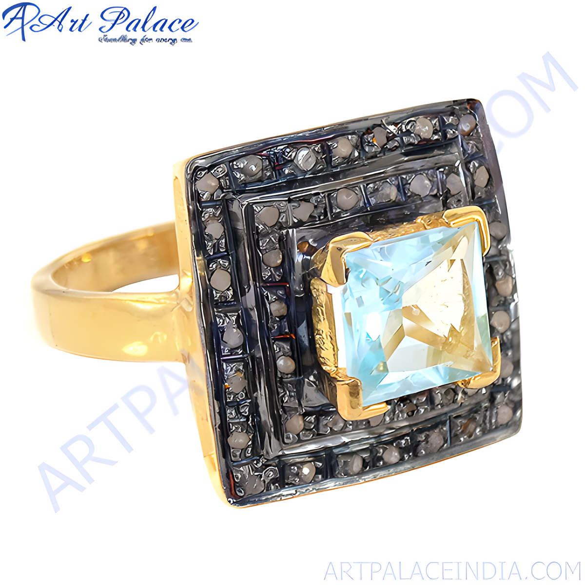 Gold plating ring with a square blue topaz center stone and a halo of black diamonds, elegant jewelry