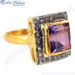 Load image into Gallery viewer, gold plating ring with a square cut amethyst gemstone and diamond accents, a perfect jewelry gift.
