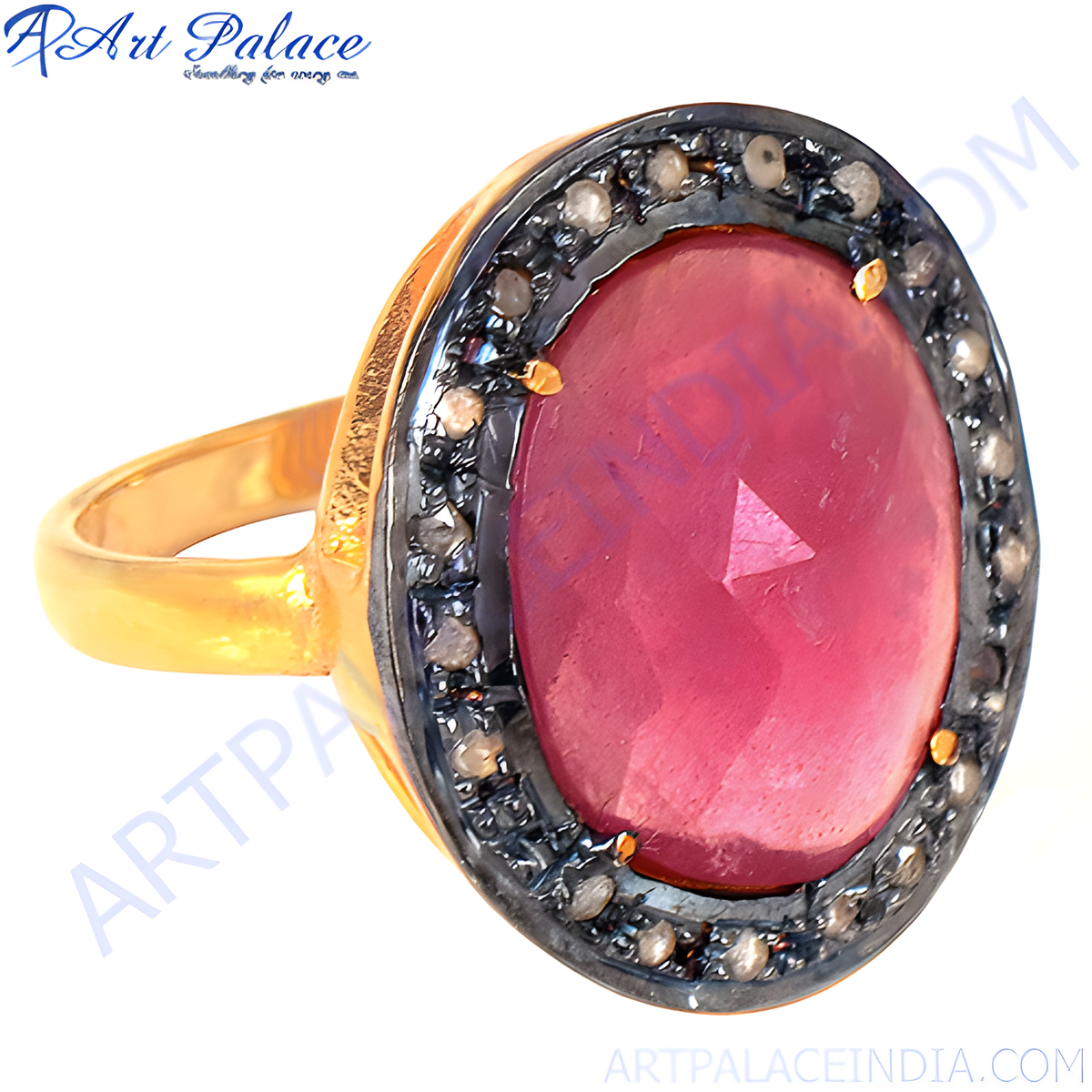 Gold finish ring featuring a large ruby gemstone surrounded by diamonds for women