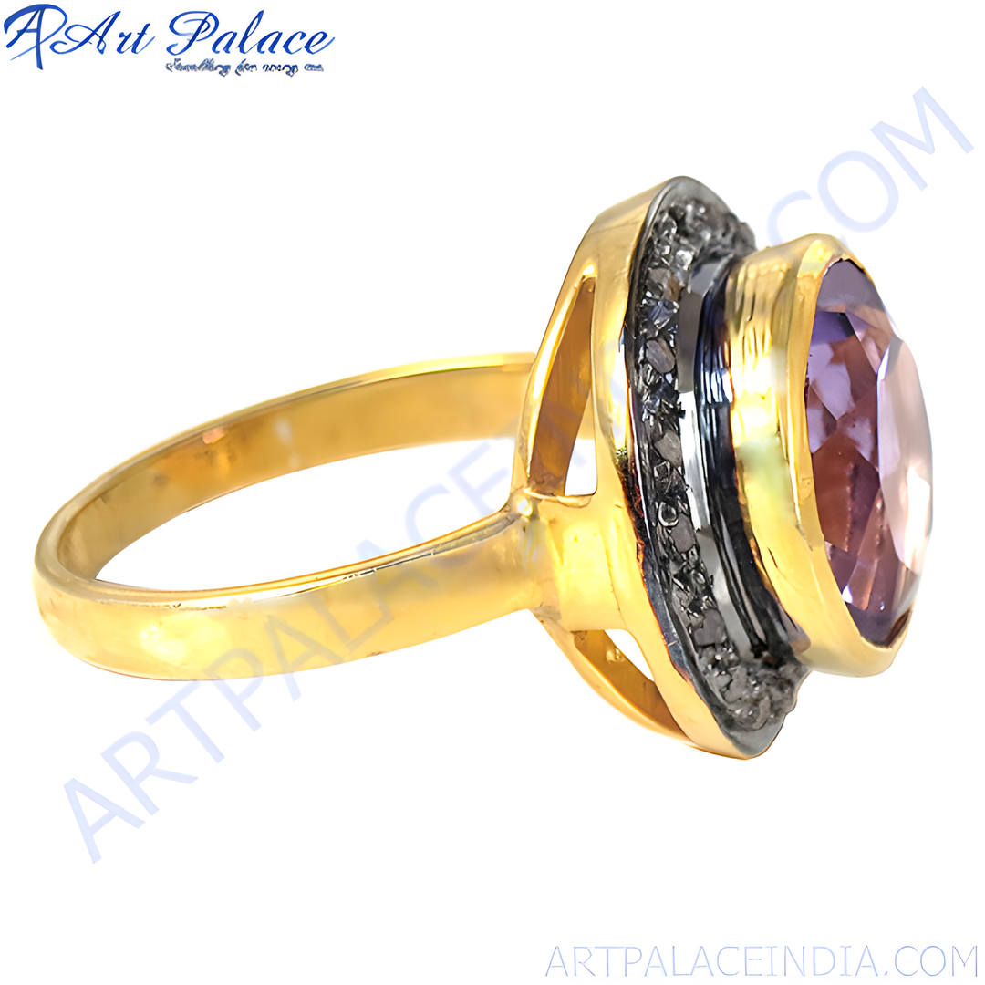 gold plating ring with a large oval-cut purple amethyst gemstone. gold plating band and black accents.