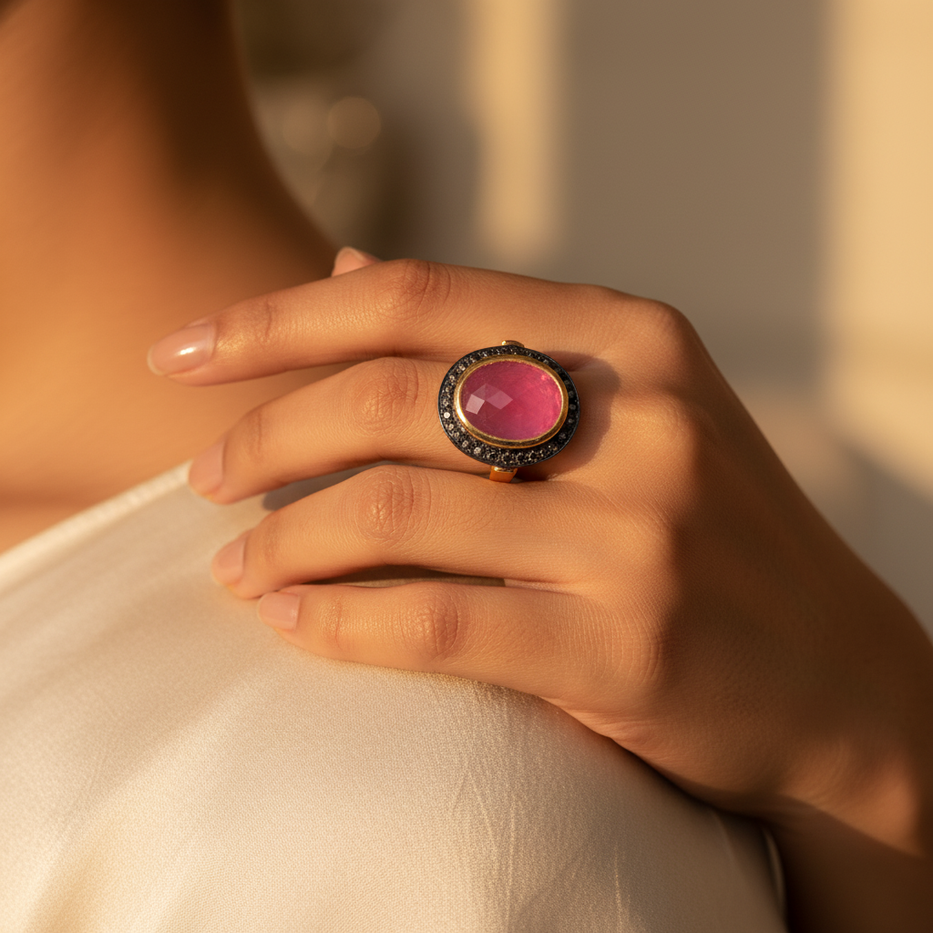 gold plating Ruby Ring with Black Diamonds for Women | Statement Ring