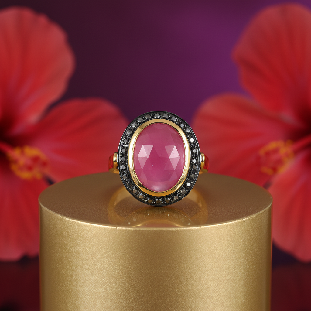 Gold plating ruby ring with black diamonds for women | statement ring