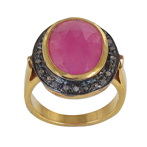 gold plating Ruby Ring with Black Diamonds for Women | Statement Ring