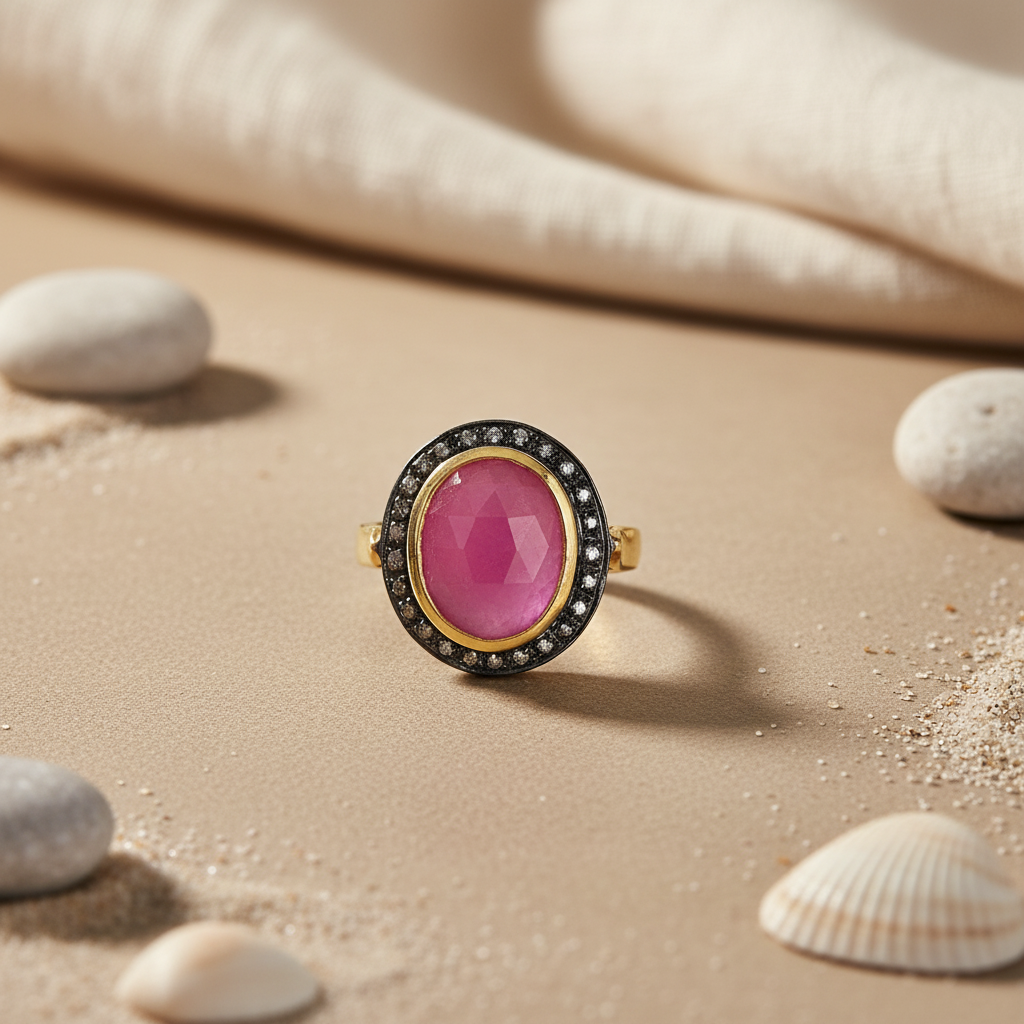 gold plating Ruby Ring with Black Diamonds for Women | Statement Ring