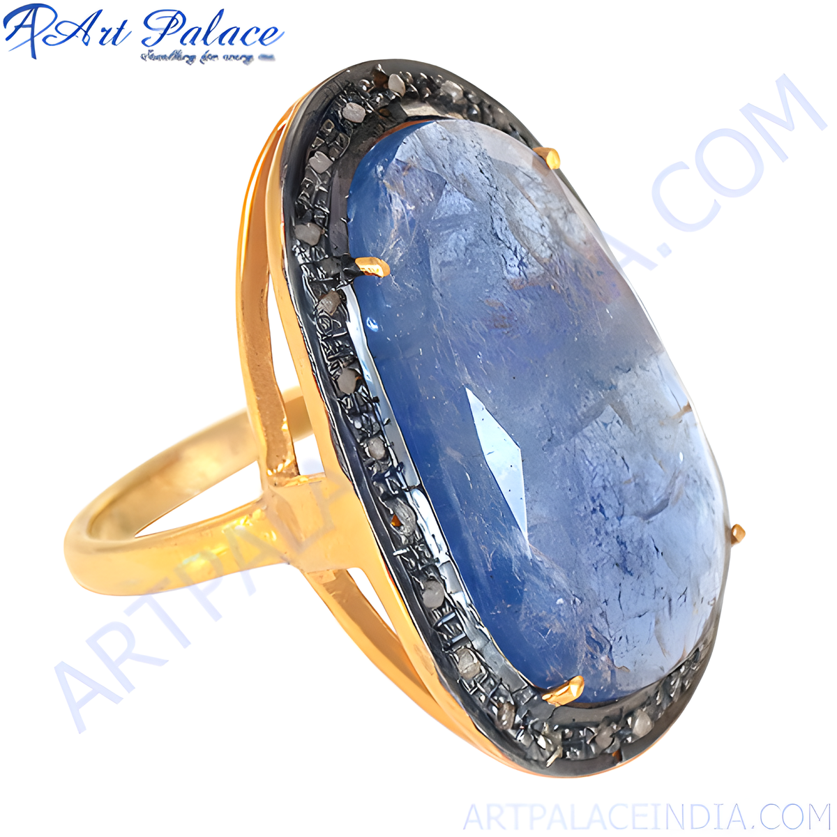 Gold plating statement ring with a large blue gemstone, perfect for women's fashion jewelry