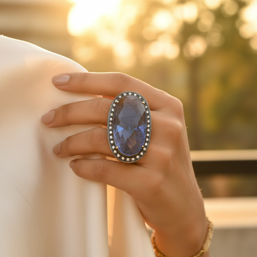 Gold plating oval blue gemstone ring | women's fine jewelry gift