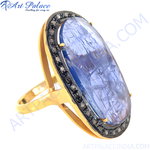 Load image into Gallery viewer, gold plating oval ring with large blue gemstone and diamond accents, a beautiful statement piece of jewelry.
