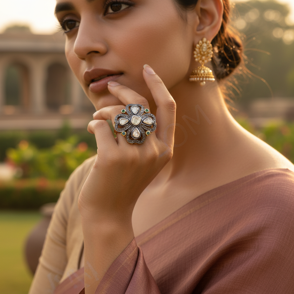 镶嵌祖母绿的黄金钻石戒指 | 花卉戒指