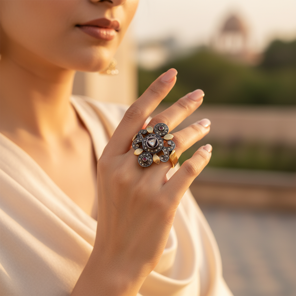 Ruby & diamond ring for women | gold & silver filigree ring