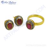 Load image into Gallery viewer, Gold plated ruby earrings and ring set, featuring oval rubies and surrounding accents.
