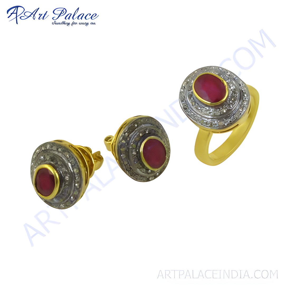 Gold ring and earrings set featuring oval ruby gemstones, perfect for any occasion.