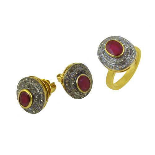 Gold plating ruby ring and earrings set for women | gift jewelry