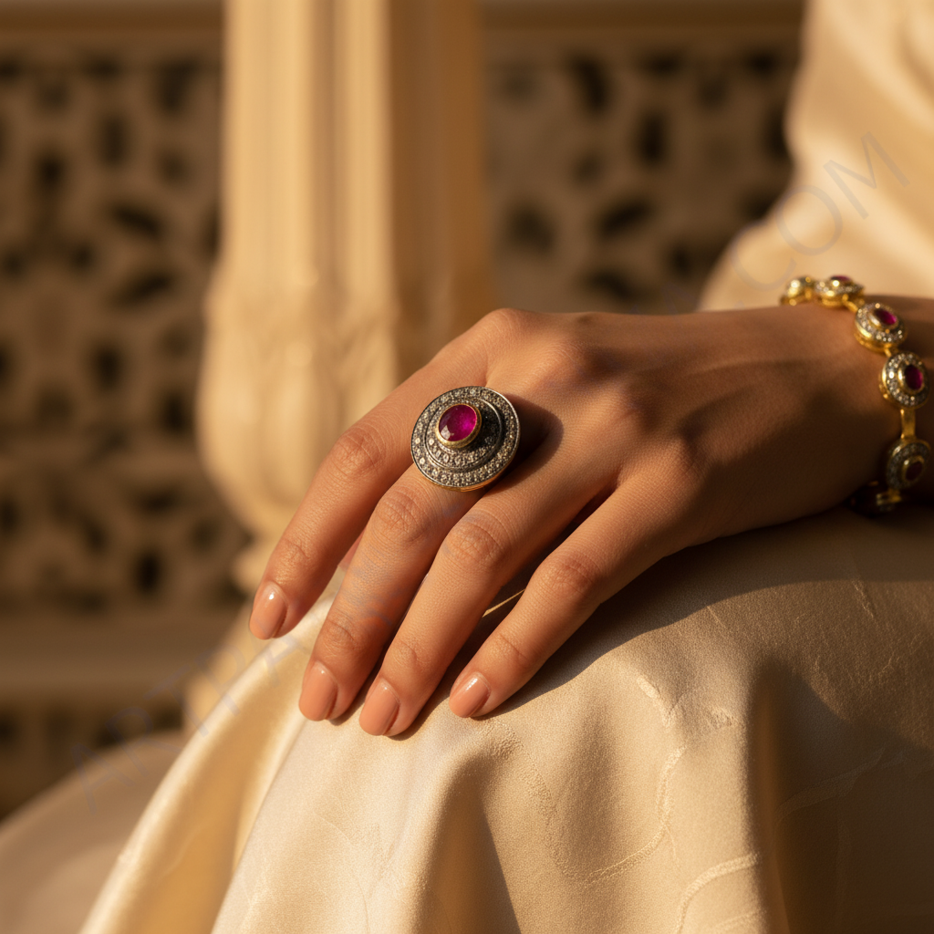 Ruby Stud Earrings & Ring Set | Gold Finish Jewelry